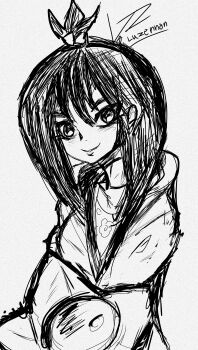 absurdres black_hair collarbone gen_1_pokemon greyscale hair_ornament hairclip highres jacket lida_(pokemon) long_hair luzennon monochrome nintendo pokemon pokemon_(creature) pokemon_legends:_z-a self-upload sketch smile staryu