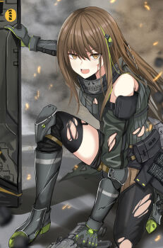 1girl ammunition_pouch assault_rifle bandana belt black_bandana black_shorts black_thighhighs bleeding blood boots breasts brown_eyes brown_hair commentary cuts detached_sleeves full_body girls'_frontline gloves green_hair green_sweater grey_boots grey_gloves gun hair_between_eyes highres injury knee_pads kneeling koenza_botoke long_hair long_sidelocks looking_at_viewer m4_carbine m4a1_(girls'_frontline) m4a1_(mod3)_(girls'_frontline) magazine_(weapon) medium_breasts multicolored_hair open_mouth particle_cannon_case pouch ribbed_sweater rifle short_shorts shorts sidelocks skull_print sleeveless sleeveless_sweater solo streaked_hair sweater teeth thighhighs torn_clothes torn_sweater torn_thighhighs upper_teeth_only weapon
