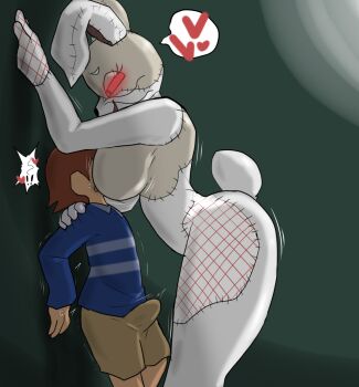 ! !! 1boy 1girl against_wall age_difference animal_costume ass blush breast_press breasts brown_hair bulge embarrassed enigi09 erection erection_under_clothes face_to_breasts female_pervert femdom five_nights_at_freddy's five_nights_at_freddy's:_security_breach grabbing_from_behind gregory_(fnaf) heart hetero highres large_breasts looking_at_another naughty_face open_mouth penis pervert rabbit_costume rabbit_ears rabbit_tail shota size_difference smile testicles trembling vanny_(fnaf) wide_hips