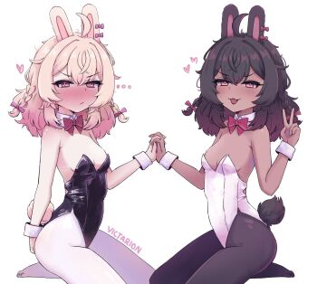 ... 2girls :3 ahoge alternate_skin_color animal_ears artist_name bare_arms bare_shoulders black_hair black_leotard black_pantyhose blonde_hair blush bow bowtie breasts commentary dark-skinned_female dark_skin detached_collar dual_persona english_commentary frown gradient_hair heart highres holding_hands leotard long_hair multicolored_hair multiple_girls open_mouth pantyhose phase_connect pink_eyes pink_hair pipkin_pippa rabbit_ears rabbit_girl rabbit_tail red_bow red_bowtie simple_background small_breasts smile strapless strapless_leotard tail v victarionsc virtual_youtuber white_background white_leotard white_pantyhose wrist_cuffs
