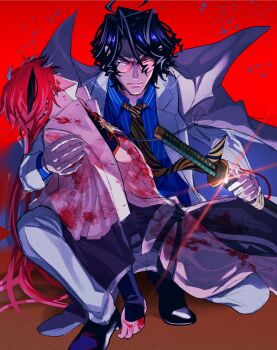 Rule 34 | 2boys, abs, animal print, bevel, black hair, blood, blood on hands, blue shirt, closed mouth, collared shirt, commentary request, fate/grand order, fate (series), furrowed brow, glint, highres, injury, long hair, male focus, multiple boys, red background, red hair, round eyewear, shirt, short hair, sword, takasugi shinsaku (fate), tiger print, toned, toned male, weapon, yoshida shouin (fate)
