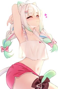 1girl :3 ahoge animal_ear_fluff animal_ears armpits arms_behind_head arms_up black_bow blue_eyes bow braid camisole cat_ears cat_girl cgator collarbone dolphin_shorts frilled_camisole frills from_side gradient_hair green_hair hair_bow hair_ornament hairclip heart highres indie_virtual_youtuber long_hair looking_at_viewer low_twin_braids mint_fantome mint_fantome_(otaku) multicolored_hair navel one_eye_closed pink_bow pink_shorts see-through_silhouette shorts solo tail tail_bow tail_ornament twin_braids virtual_youtuber white_background white_camisole white_hair
