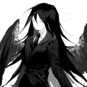 ... 1boy chinese_commentary collared_shirt commentary_request greyscale highres jacket long_hair long_sleeves male_focus monochrome necktie original red_eyes shirt simple_background sketch solo spot_color vihua6 white_background wings