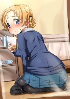 10s 1girl arched_back arm_support ayuayu_(shouyu_no_sato) bed bed_sheet between_legs black_bow black_pantyhose blanket blazer blonde_hair blue_eyes blue_skirt blush bow braid cameltoe cellphone character_name coffee_pot cup ear_blush female_focus girls_und_panzer glass hair_bow hand_between_legs indoors jacket light long_sleeves looking_at_viewer looking_back mirror mirror_selfie no_shoes on_floor orange_pekoe_(girls_und_panzer) pantyhose phone pleated_skirt reflection school_uniform selfie shelf short_hair single_braid sitting skirt smartphone solo taking_picture teacup wariza