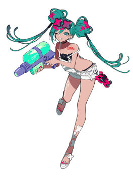 1girl aqua_eyes aqua_hair chest_tattoo company_name double_bun eyewear_on_head full_body goodsmile_company goodsmile_racing hair_bun hatsune_miku holding holding_water_gun leg_tattoo logo long_hair looking_at_viewer mochizuki_kei multicolored_hair official_art one_eye_closed overall_shorts overalls pink_hair racing_miku racing_miku_(2025) red_nails sandals second-party_source simple_background smile solo spaghetti_strap spotted_hair sticker_on_leg sunglasses tan tattoo twintails two-tone_hair vocaloid water_gun white_background white_overalls white_sandals x-shaped_eyewear