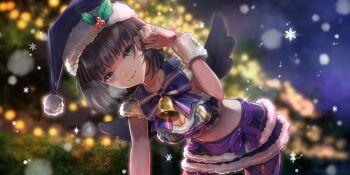 1girl bell bent_over black_hair black_wings blue_hat blue_reflection_(series) blue_reflection_sun blue_skirt bow breasts breath christmas christmas_lights cleavage closed_mouth crop_top diffraction_spikes fake_wings fur-trimmed_headwear fur-trimmed_skirt fur_trim game_cg grey_eyes hand_in_own_hair hand_up hat hat_ornament highres holly_hat_ornament kishida_mel komagawa_uta looking_at_viewer medium_breasts navel neck_bell night night_sky non-web_source official_art pantyhose purple_bow purple_pantyhose santa_hat short_hair skirt sky smile snowflakes snowing solo sparkle striped_bow white_wrist_cuffs wings wrist_cuffs