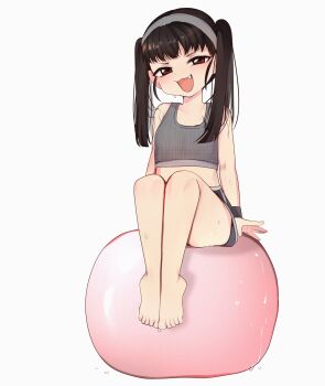 1girl absurdres alternate_breast_size_(larger) ball barefoot black_hair breasts exercise_ball fang hachikuji_mayoi highres loli meemz_a monogatari_(series) open_mouth sitting small_breasts solo toes twintails