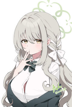 1girl absurdres ash_(cat7evy) blue_archive bow bowtie braid breasts button_gap commentary_request diagonal-striped_bow diagonal-striped_bowtie diagonal-striped_clothes green_bow green_bowtie green_jacket grey_hair hair_bow hair_ribbon halo highres jacket jacket_partially_removed miyo_(blue_archive) ribbon ribbon_braid school_uniform shirt simple_background solo striped_bow striped_bowtie striped_clothes white_background white_bow white_ribbon white_shirt