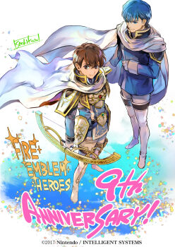 2boys armor blue_cape blue_eyes blue_hair blue_tunic boots bow_(weapon) brown_eyes brown_hair cape closed_mouth cosplay finn_(fire_emblem) finn_(fire_emblem)_(cosplay) fire_emblem fire_emblem:_genealogy_of_the_holy_war fire_emblem:_thracia_776 fire_emblem_heroes gloves highres holding holding_bow_(weapon) holding_weapon leif_(fire_emblem) leif_(sworn_to_country)_(fire_emblem) male_focus multiple_boys nintendo official_art pants red_cape short_hair shoulder_armor smile thigh_boots tunic two-sided_cape two-sided_fabric wada_sachiko weapon white_boots white_cape white_gloves white_pants