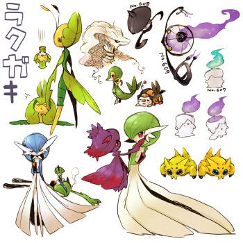 alternate_color blue_eyes blue_hair blue_skin bob_cut chandelure closed_eyes colored_skin dress gardevoir gen_3_pokemon gen_4_pokemon gen_5_pokemon ghost green_hair green_skin joltik lampent leavanny legendary_pokemon litwick mismagius miuta multicolored_skin nintendo oshawott pokemon pokemon_(creature) ralts reshiram sewaddle shiny_pokemon simple_background snivy starter_pokemon_trio swadloon tepig two-tone_skin white_background white_dress white_skin yellow_eyes