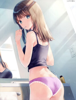 1girl absurdres armpit_crease artist_name ass bare_arms bare_shoulders black_camisole blue_eyes breasts brown_hair brushing_teeth camisole cleavage cowboy_shot crop_top day dengeki_moeoh from_behind highres hiten_(hitenkei) holding holding_toothbrush indoors lace lace-trimmed_panties lace_trim light_particles light_rays long_hair looking_at_viewer looking_back magazine_scan medium_breasts mirror no_pants original panties purple_panties reflection scan shoulder_blades solo standing sunbeam sunlight third-party_source toothbrush underwear