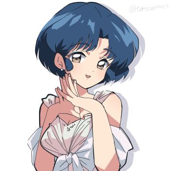 1girl bare_shoulders blue_hair breasts brown_eyes cleavage detached_sleeves earrings highres jewelry looking_at_viewer medium_breasts open_mouth own_hands_together parted_bangs pearl_earrings ranma_1/2 short_hair smile solo tendou_akane tomoe00022 twitter_username upper_body white_background