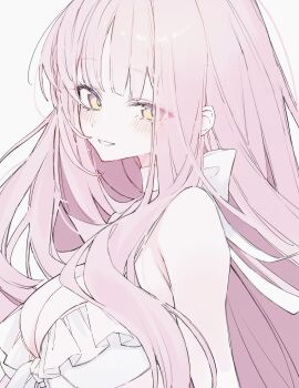 1girl bikini blue_archive breasts choker commentary_request frilled_bikini frills highres hk_nnm looking_at_viewer mika_(blue_archive) mika_(swimsuit)_(blue_archive) pink_hair smile solo swimsuit upper_body white_bikini white_choker yellow_eyes