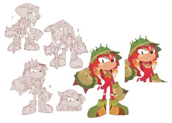 1boy animal_nose body_fur body_markings boots clenched_hands closed_mouth comparison concept_art dreadlocks facial_mark full_body furry furry_male gloves gnarly_knuckles hat highres holding hood jewelry knuckles_the_echidna leaf_hat long_hair looking_at_viewer male_focus multiple_views necklace nicholas_kole official_art production_art red_fur red_hair simple_background sketch sonic_(series) sonic_prime standing tail variations white_background