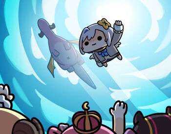 Rule 34 | 5girls, absurdres, amane kanata, amane kanata (1st costume), angel, angel wings, arm up, chibi, dragon, flying, from below, halo, highres, himemori luna, holoforce, hololive, keenbiscuit, kiryu coco, mini wings, multiple girls, single hair intake, star halo, tokoyami towa, tsunomaki watame, virtual graduation commemoration, virtual youtuber, white wings, wings, x navel