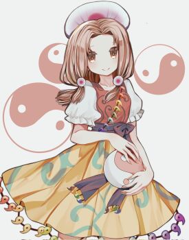 1girl blonde_hair commentary_request highres jewelry long_hair magatama magatama_necklace magatama_trim necklace orange_vest orb shirt skirt solo tamatsukuri_misumaru touhou vest white_background white_shirt yellow_skirt yin_yang yin_yang_orb yuejinlin