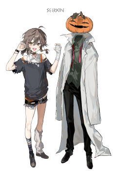 Rule 34 | 1boy, 1girl, absurdres, ahoge, arm belt, artist name, asymmetrical legwear, bandaged hand, bandages, bare shoulders, belt buckle, black pants, black shoes, black shorts, brown hair, buckle, coat, collared shirt, full body, green shirt, hands up, highres, looking at viewer, medium hair, mismatched legwear, open mouth, original, pants, paw pose, ponytail, pumpkin, pumpkin head, seeshin see, shirt, shoes, short ponytail, shorts, sidelocks, simple background, single leg warmer, smile, teeth, tongue, upper teeth only, white background, white coat, yellow eyes