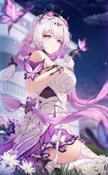 1girl absurdres aida_noa bare_shoulders black_tiara blurry blurry_background breasts bug butterfly butterfly_on_hand castorice_(honkai:_star_rail) commentary dress flower hair_flower hair_ornament highres honkai:_star_rail honkai_(series) insect long_hair medium_breasts night on_grass outdoors pointy_ears purple_eyes purple_hair purple_sky revision seiza sitting sky smile solo thighhighs thighs tiara white_dress white_flower white_thighhighs