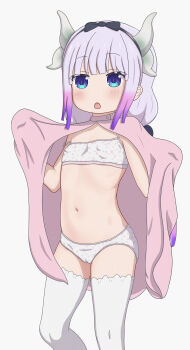 1girl absurdres azunyart blue_eyes blush bra dragon_girl dragon_horns female_focus flat_chest hairband highres horns kanna_kamui kobayashi-san_chi_no_maidragon lifting_own_clothes loli long_hair navel open_mouth panties solo standing thighhighs twintails underwear undressing white_background white_panties white_thighhighs