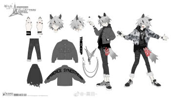 1girl ambience_synesthesia androgynous animal_ears arknights bilingual_commentary black_jacket black_pants chinese_commentary commentary english_commentary full_body highres jacket kuroblood lappland_(ambience_synesthesia)_(arknights) lappland_(arknights) mixed-language_commentary multiple_views official_alternate_costume official_art pants reference_sheet reverse_trap short_hair simple_background standing tail tomboy white_background wolf_ears wolf_girl wolf_tail