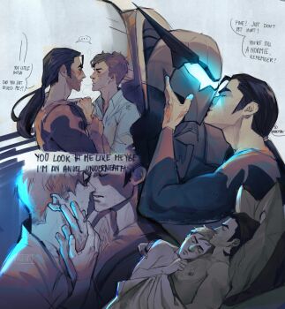 ... 2boys absurdres adam&#039;s_apple arczism black_hair blush bodysuit brown_hair chest_hair closed_eyes closed_mouth clothes_grab collared_shirt commentary dispatch english_commentary english_text flambae_(dispatch) hand_on_another&#039;s_face hand_on_another&#039;s_hand hand_on_another&#039;s_wrist highres kiss long_sleeves lying lying_on_person male_focus multiple_boys multiple_views nipples on_back open_collar parted_hair pectorals pillow ponytail robert_robertson shirt sideburns sleeping speech_bubble spoken_ellipsis under_covers white_shirt yaoi