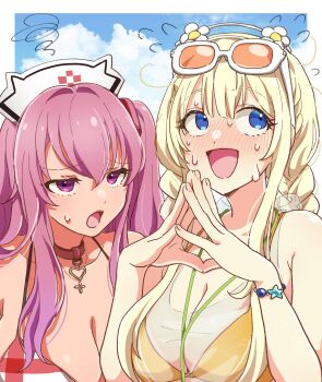 2girls averting_eyes bikini blonde_hair blue_eyes braid breasts choker cleavage cloud cloudy_sky eyewear_on_head goddess_of_victory:_nikke hat highres large_breasts long_hair looking_at_another multiple_girls niki_(nikism1987) nurse_cap official_alternate_costume outdoors pepper_(nikke) pepper_(ocean_vitamin)_(nikke) pink_eyes pink_hair side_ponytail sky sunglasses sweat swimsuit tove_(nikke) tove_(sunblaze)_(nikke) twin_braids upper_body yellow_bikini