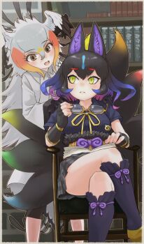 2girls animal_ears belt bird_girl bird_tail bird_wings black_fur black_gloves black_hair black_pants black_shirt black_socks blonde_hair blue_hair blush book bow bowtie brown_belt capri_pants chair collared_shirt crossed_legs fingerless_gloves fox_ears fox_girl fox_tail frilled_socks frills fur_trim gloves gradient_hair grey_skirt hair_between_eyes hashtag-only_commentary head_wings highres holding holding_removed_eyewear kemono_friends kemono_friends_3 kyubikori_(kemono_friends) long_hair long_sleeves looking_at_another multicolored_hair multiple_girls multiple_tails orange_hair pants plaid_clothes plaid_skirt pleated_skirt purple_hair secretarybird_(kemono_friends) shirt short_hair short_sleeves shorts sidelocks sitting skirt slit_pupils socks t-shirt tail toriny unworn_eyewear white_hair white_shirt wings yellow_bow yellow_bowtie yellow_eyes yellow_shorts