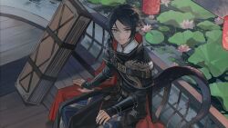 Rule 34 | 1boy, arknights, arm support, armor, bench, black armor, black cape, black hair, black pants, cape, cjsdh1000, commentary, feet out of frame, flower, gauntlets, grey eyes, highres, lantern, lily (flower), lily pad, looking at viewer, male focus, outdoors, pants, pointy ears, railing, red cape, shirt, short hair, smile, solo, symbol-only commentary, tail, two-sided cape, two-sided fabric, white shirt, zuo le (arknights)