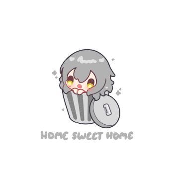 1girl :d absurdres blush chibi chibi_only commentary decrilus double-parted_bangs english_commentary english_text grey_hair hair_between_eyes highres honkai:_star_rail honkai_(series) in_container in_trash_can open_mouth short_hair simple_background smile solo stelle_(honkai:_star_rail) trailblazer_(honkai:_star_rail) trash_can white_background yellow_eyes