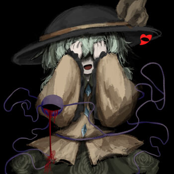 1girl black_background black_hat blood commentary_request contrast_collar covering_own_eyes facing_viewer green_hair green_skirt hair_between_eyes hat hat_ribbon heripantomorrow komeiji_koishi long_sleeves ribbon shirt simple_background skirt smile solo third_eye touhou wide_sleeves yellow_ribbon yellow_shirt