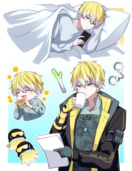 :3 armor asymmetrical_gloves black_coat blanket blonde_hair blue_background blue_eyes border briskadet_(sonny_brisko) burger chibi chibi_inset closed_eyes coat collared_shirt commentary_request cuffs drink drinking fingerless_gloves flower food frown gloves gradient_background grey_gloves grey_shirt handcuffs highres holding holding_drink holding_food holding_hands holding_paper looking_down mismatched_gloves multiple_views nana72710193 nijisanji nijisanji_en open_mouth paper pillow reading shirt simple_background sonny_brisko sonny_brisko_(1st_costume) sonny_brisko_(3rd_costume) spring_onion under_covers virtual_youtuber yellow_gloves