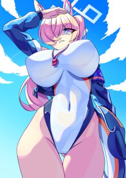 1girl animal_ear_fluff animal_ears armband blonde_hair blue_archive blue_armband blue_eyes blue_halo breasts competition_swimsuit covered_navel covering_own_eyes dog_ears dog_girl extra_ears from_below gluteal_fold hair_over_one_eye halo highleg highleg_one-piece_swimsuit highres impossible_clothes impossible_swimsuit innertube kanna_(blue_archive) kanna_(swimsuit)_(blue_archive) large_breasts notched_ear official_alternate_costume one-piece_swimsuit pankeiki ponytail purple_armband shading_eyes sharp_teeth solo swim_ring swimsuit teeth thigh_gap whistle whistle_around_neck white_one-piece_swimsuit