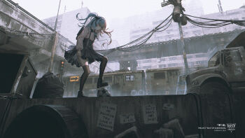 1girl absurdres backpack bag ball black_bag black_bow black_bowtie black_footwear black_skirt black_thighhighs blue_eyes blue_hair bow bowtie building car chinese_commentary city commentary_request dress_shirt english_text floating_hair hair_between_eyes hair_bow highres jirai_kei korakuen_inahi long_hair long_sleeves meme motor_vehicle original pink_hair pink_shirt post-apocalypse shirt skirt soccer_ball solo suspender_skirt suspenders the_cake_is_a_lie_(meme) thighhighs traffic_light train two_side_up utility_pole yurika-r