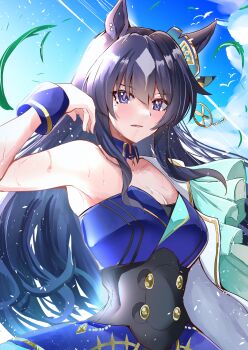 Rule 34 | 1girl, absurdres, animal ears, bare shoulders, blue dress, blue hair, breasts, buttons, cleavage, commentary request, cowboy shot, day, detached collar, double-breasted, dress, from below, highres, horse ears, horse girl, kentan (kingtaiki), lens flare, long hair, looking at viewer, medium breasts, mole, mole under eye, multicolored hair, outdoors, parted lips, purple eyes, smile, solo, streaked hair, umamusume, verxina (le beau sommet) (umamusume), verxina (umamusume), white hair, wrist cuffs