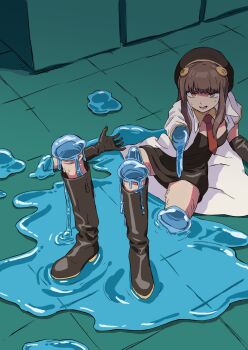 1girl black_dress black_gloves boots brown_eyes brown_hair coat detached_collar dress drip_(vanillaklein) gloves highres knee_boots looking_at_viewer monster_girl necktie open_clothes open_coat open_mouth original red_necktie slime_(substance) slime_girl sweat vanillaklein white_coat