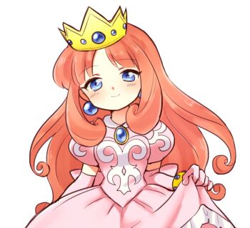 Rule 34 | 1girl, bangle, blue eyes, blue gemstone, blush, bracelet, brooch, closed mouth, clothes lift, crown, dress, dress lift, earrings, elbow gloves, eyelashes, gem, gloves, head tilt, jewelry, kai himo, long hair, looking at viewer, mario (series), nintendo, orange hair, pink gloves, princess, princess shokora, puffy short sleeves, puffy sleeves, short sleeves, simple background, smile, solo, wario land, wario land 4, white background