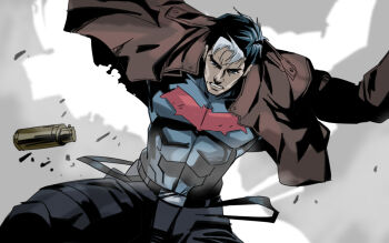 1boy bat_signal batman_(series) batman_symbol beombeokku84779 black_bodysuit black_hair blue_eyes bodysuit brown_jacket dc_comics grey_bodysuit highres jacket jason_todd male_focus multicolored_bodysuit muscular muscular_male open_clothes pants red_hood_(dc) red_hood_and_the_outlaws short_hair superhero_costume taut_bodysuit two-tone_bodysuit