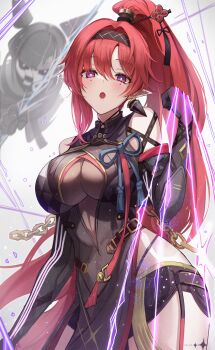 1girl absurdres bare_shoulders black_bodysuit black_cloak black_eyes black_gloves black_hair black_hairband black_shorts blue_pupils bodysuit breast_curtains breasts bright_pupils circle_facial_mark cloak cowboy_shot earrings elbow_gloves flower_hairpin gloves gongha hair_intakes hair_ornament hairband hairpin hashtag-only_commentary high_ponytail highres jewelry large_breasts long_hair looking_at_viewer mechanical_hands pelvic_curtain pointy_ears ponytail purple_eyes red_hair short_shorts shorts side_slit single_earring single_mechanical_hand solo tacet_mark_(wuthering_waves) tassel underboob very_long_hair white_pupils wuthering_waves yinlin_(wuthering_waves) zapstring_(wuthering_waves)