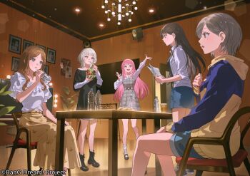 5girls arm_up bang_dream! bang_dream!_it's_mygo!!!!! black_boots black_hair black_shirt blue_eyes blue_shorts blue_skirt boots bottle breasts brown_eyes brown_skirt chair chandelier chihaya_anon closed_mouth commentary_request dress grey_dress grey_eyes grey_hair guest_art heterochromia holding holding_bottle hood hood_down hoodie indoors jacket jewelry kaname_raana layered_sleeves long_hair long_sleeves mandaring0 matcha_parfait medium_hair mole mole_under_eye multiple_girls mygo!!!!!_(bang_dream!) nagasaki_soyo necklace official_art open_mouth pinafore_dress plaid_clothes plaid_dress plant potted_plant puffy_short_sleeves puffy_sleeves purple_eyes second-party_source sheet_music shiina_taki shirt short_over_long_sleeves short_sleeves shorts sidelocks sitting skirt sleeveless sleeveless_dress standing table takamatsu_tomori teeth three-quarter_sleeves upper_teeth_only water_bottle white_hair white_jacket white_shirt yellow_eyes