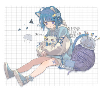 1girl ahoge animal_ears bandaid_on_thigh blue_eyes blue_hair blue_jacket blue_ribbon blue_shoes blunt_bangs bow_legwear cat_ears cat_girl cat_tail cloud_hair_ornament crescent crescent_hair_ornament from_side full_body grid_background hair_ornament highres hugging_object indie_virtual_youtuber jacket jellyfish_hair_ornament kurageu_roa mizutama_(32mz_k) multicolored_hair multicolored_jacket needle needler open_mouth ribbon shoes short_hair sitting sneakers socks solo streaked_hair stuffed_animal stuffed_cat stuffed_toy tail triangle_mouth twitter_username two-tone_jacket virtual_youtuber watermark white_jacket white_socks white_streaks x_hair_ornament yarn yarn_ball