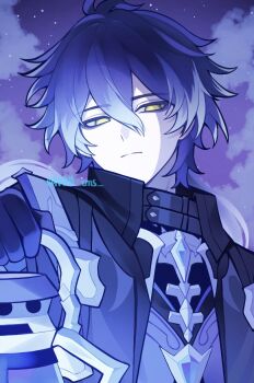 Rule 34 | 1boy, arm up, black capelet, black shirt, capelet, closed mouth, coat, double-parted bangs, empty eyes, flins (genshin impact), frown, genshin impact, gradient hair, hair between eyes, hana cms, hashtag-only commentary, highres, holding, holding lantern, lantern, male focus, multicolored hair, shirt, solo, upper body, wing collar, yellow eyes