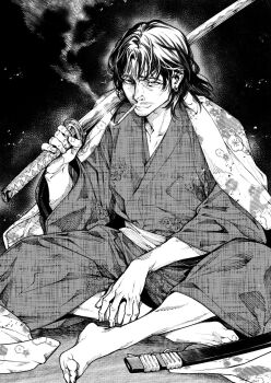 Rule 34 | 1boy, barefoot, cigarette, commentary request, earrings, fingernails, floral print, full body, greyscale, holding, holding sword, holding weapon, indian style, japanese clothes, jewelry, katana, kimono, looking at viewer, male focus, monochrome, over shoulder, saeki shun, sheath, sitting, smoke, smoking, solo, sword, weapon