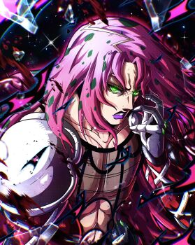 1boy 1other abs absurdres araki_hirohiko_(style) diavolo fishnet_top fishnets gloves green_eyes highres jojo_no_kimyou_na_bouken king_crimson_(stand) long_hair looking_at_viewer male_focus no_pupils noonvincent parted_lips pectorals pink_hair polka_dot polka_dot_hair purple_lips shoulder_pads solo stand_(jojo) teeth upper_body vento_aureo white_gloves