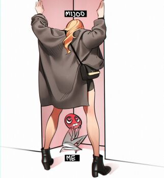 2girls abbystea against_wall artist_self-insert bag blonde_hair blush character_name from_behind handbag heart heart-shaped_pupils highres k-pop kabedon lee_mi-joo long_hair lovelyz miniskirt multiple_girls real_life russian_commentary skirt symbol-shaped_pupils