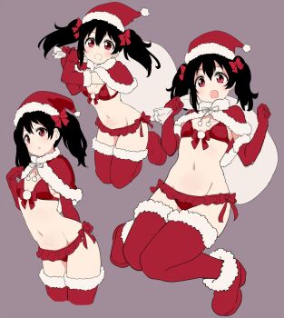 1girl alternate_costume bag bikini black_hair boots bow breasts capelet carrying christmas commentary_request frilled_bikini frills fur-trimmed_boots fur-trimmed_capelet fur-trimmed_thighhighs fur_trim gloves groin hair_bow hair_ornament hat highres holding holding_sack kurokawa_makoto looking_at_viewer love_live! midriff multiple_views navel open_mouth parted_lips purple_background red_bikini red_boots red_bow red_capelet red_eyes red_thighhighs ribbon-trimmed_bikini ribbon_trim sack santa_bikini santa_costume santa_hat shawl simple_background small_breasts smile swimsuit thighhighs twintails yazawa_nico