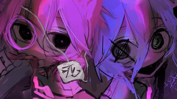 2girls :d @_@ autooohyo black_eyes crazy crazy_eyes crazy_smile highres looking_at_viewer monocle multiple_girls open_mouth original pink_hair purple_hair smile tagme tic-tac-toe x_x