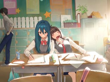 1boy 2girls ahoge black_hair blue_hair blue_pants blush book brown_hair closed_eyes closed_mouth collared_shirt commentary_request commission desk dini_illust earphones from_side grey_shoes grey_sweater_vest hair_between_eyes hair_intakes hand_in_pocket highres indoors juice_box leaning_on_person locker long_sleeves looking_at_object medium_hair messy_sleeper multiple_girls neckerchief necktie notebook open_mouth original pants partially_unbuttoned pen pencil_case plant pleated_skirt poster_(object) potted_plant red_neckerchief red_necktie school school_uniform shared_earphones shirt shoes side-by-side sitting skirt sleeping sleeves_rolled_up slice_of_life star_(symbol) straight-on stuffed_animal stuffed_cat stuffed_toy sweater_vest textbook white_shirt