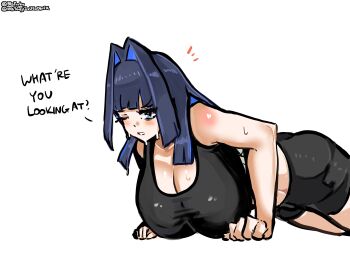 1girl alternate_costume black_hair black_shorts black_tank_top blaparky blue_eyes blue_hair breasts colored_inner_hair exercising hair_intakes highres holocouncil hololive hololive_english holopromise large_breasts long_hair looking_at_viewer multicolored_hair ouro_kronii push-ups shorts simple_background sweat tank_top virtual_youtuber