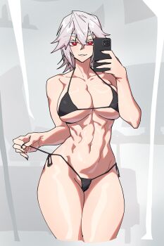 1girl abs absurdres bare_arms bare_shoulders bikini black_bikini breasts bright_pupils cellphone chinese_commentary cleavage collarbone colored_eyelashes commentary_request cowboy_shot cropped_legs dalen_zeal eyelashes highres holding holding_phone large_breasts looking_at_viewer medium_hair navel original phone red_eyes selfie side-tie_bikini_bottom smartphone smile solo standing swimsuit thick_eyebrows toned toned_female variant_set white_hair white_pupils zzzeal