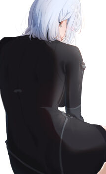 1girl absurdres ass black_bodysuit bodysuit elloinoire girls'_frontline grey_hair highres long_sleeves rpk-16_(girls'_frontline) short_hair simple_background solo white_background